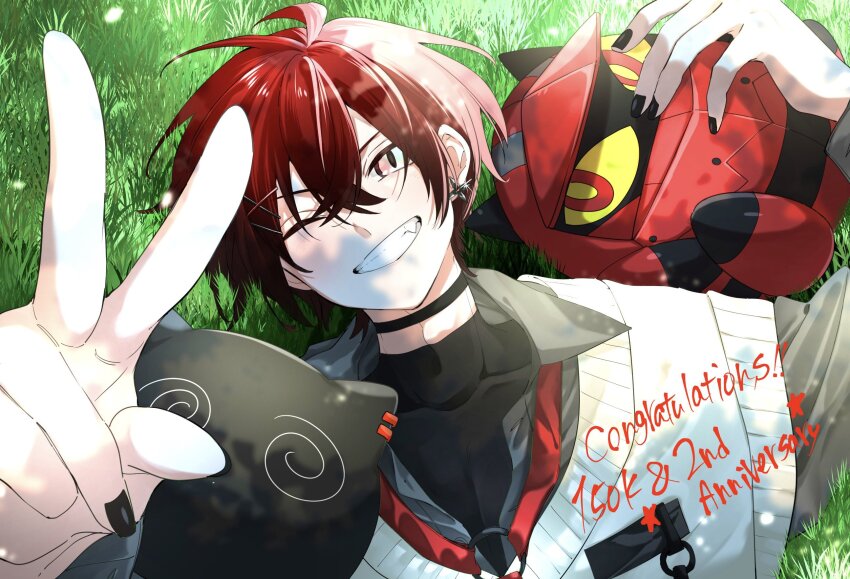 1boy, animal_ears, black_bodysuit, black_nails, bodysuit, collarbone, english_text, grass