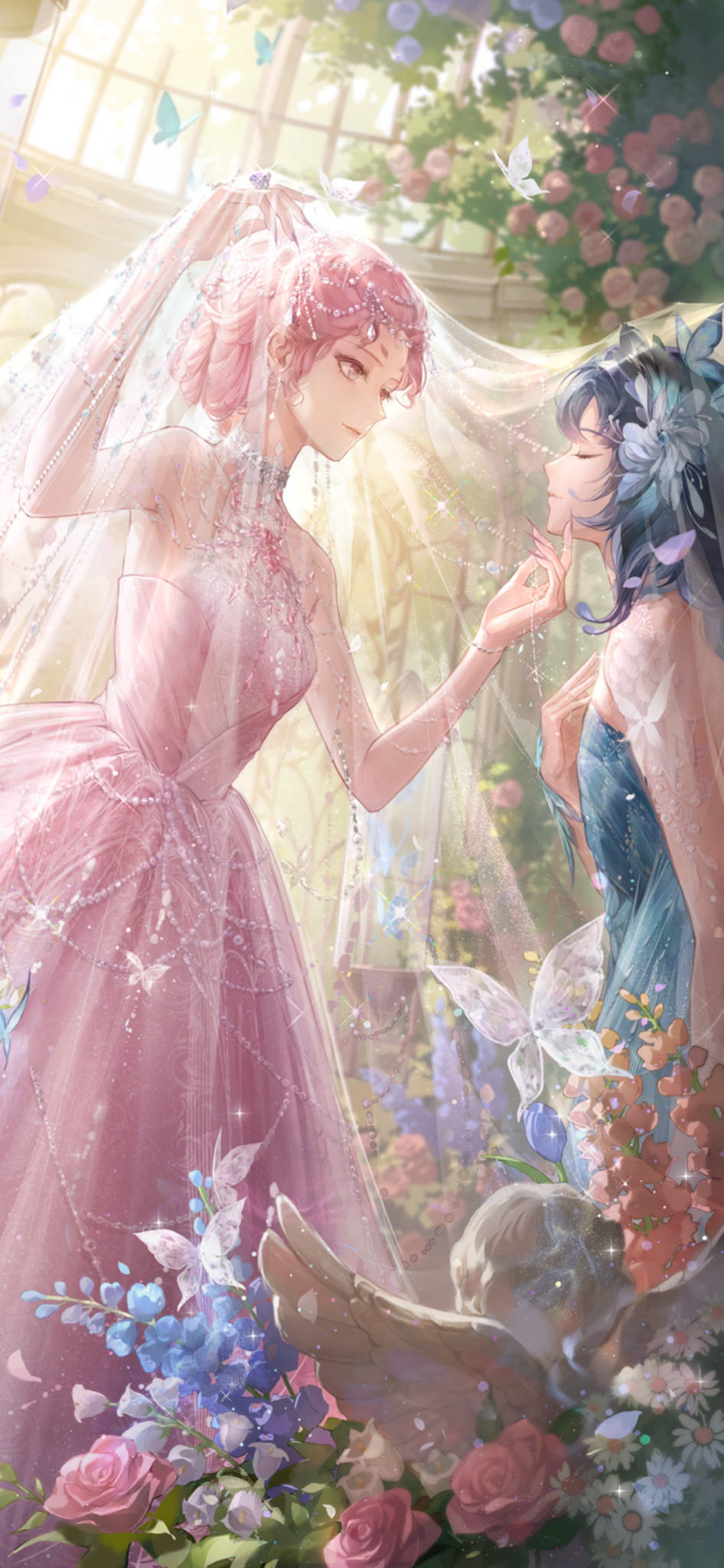 1boy, 1girl, animal_print, artist_request, bare_arms, bare_shoulders, bird, blue_dress