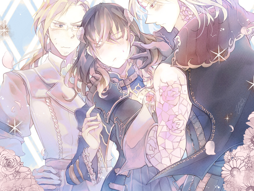 1girl, 2boys, black_hair, blonde_hair, bloodstained:_ritual_of_the_night, bloodstained_(series), brown_hair, closed_eyes