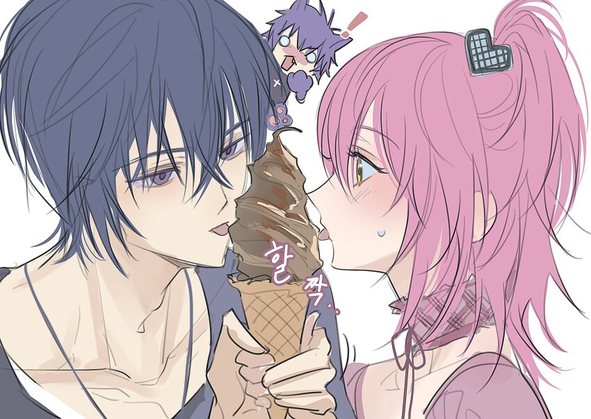 1girl, 2boys, blue_hair, blush, cat_boy, chocolate, choker, commentary_request