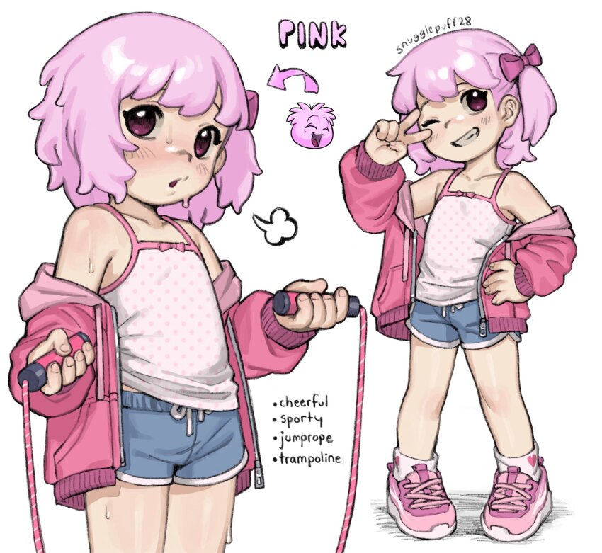 1girl, artist_name, bare_shoulders, blue_shorts, blush, bow, bow_camisole, camisole, club_penguin, collarbone, commentary, dolphin_shorts, drawstring, flat_chest, furrowed_brow, grin, hair_bow, hand_on_own_hip, highres, holding, holding_jump_rope, hood, hood_down, hooded_jacket, jacket, jacket_partially_removed, jojifuku, jump_rope, long_sleeves, looking_at_viewer, medium_hair, midriff_peek, multiple_views, one_eye_closed, one_side_up, open_clothes, open_jacket, personification, pink_bow, pink_hair, pink_jacket, pink_shoes, polka_dot_camisole, puff_of_air, puffle_(club_penguin), purple_eyes, shoes, shorts, smile, sneakers, snugglepuff28, socks, sweat, untranslatable_commentary, v, white_background, white_camisole, white_socks