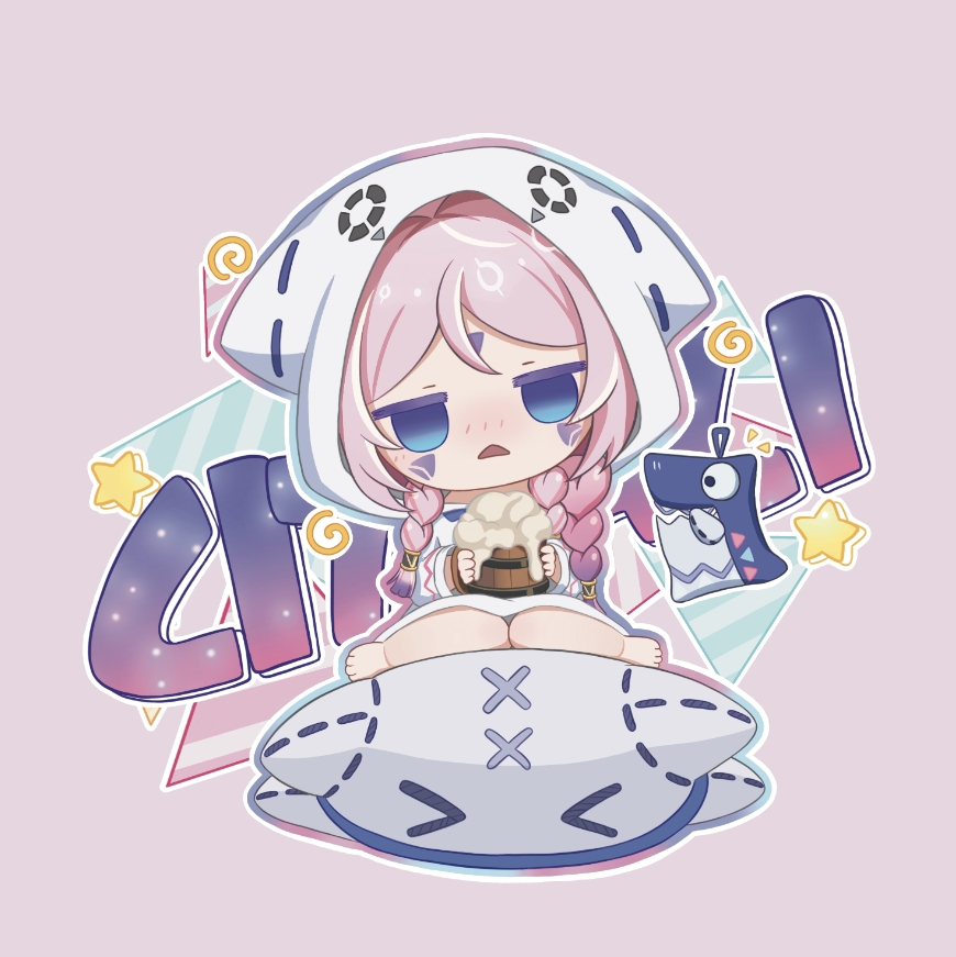 1girl, barefoot, beer_mug, blue_eyes, blush, braid, character_name, chibi, chibi_only, citlali_(genshin_impact), commentary, cup, drunk, facial_mark, feet, foam, forehead_mark, genshin_impact, hood, hoodie, jitome, long_hair, mug, open_mouth, pink_background, pink_hair, podomascha, simple_background, sitting, star_(symbol), toes, triangle, triangle_facial_mark, triangle_mouth, white_hoodie