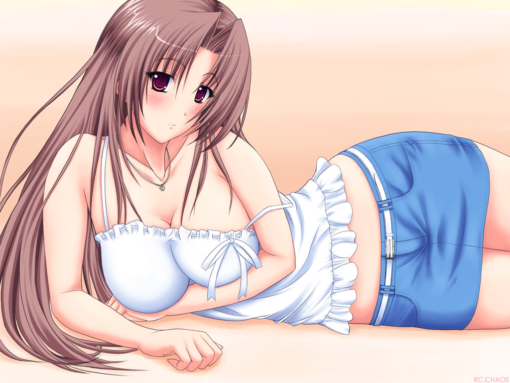 1girl, anejiru, artist_name, bare_arms, blue_skirt, blush, breasts, brown_hair