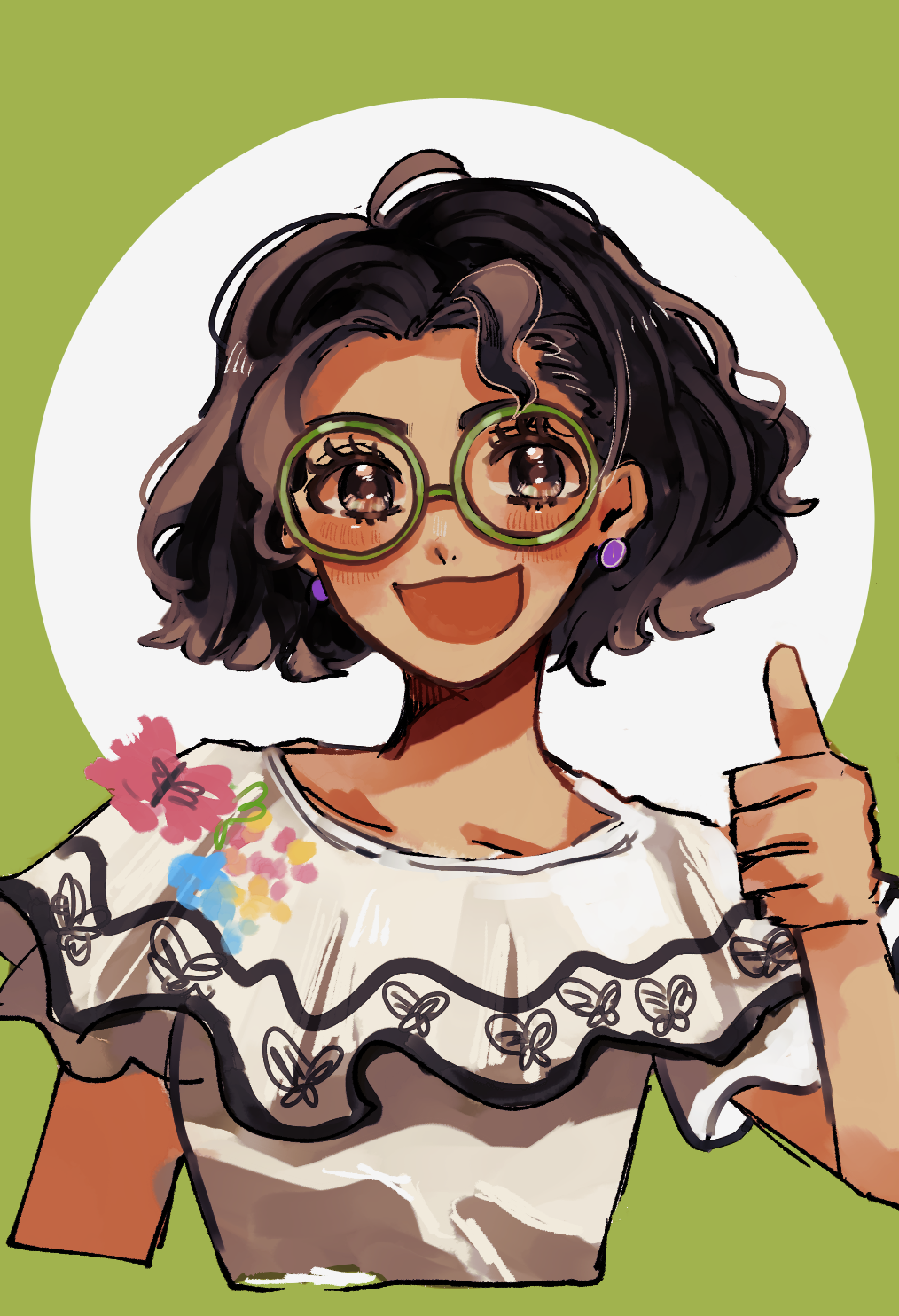 1girl, 47music2, brown_eyes, brown_hair, curly_hair, dark-skinned_female, dark_skin, disney, earrings, encanto, glasses, green-framed_eyewear, highres, jewelry, mirabel_madrigal, round_eyewear, shirt, short_hair, simple_background, skirt, smile, solo, thick_eyebrows