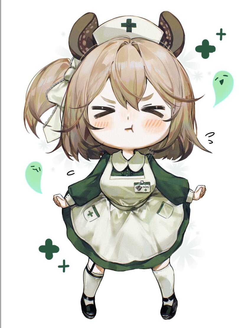 >_<, 1girl, absurdres, ani_019, animal_ears, apron, blush, breasts