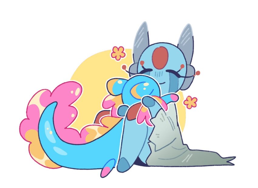 1girl, androgynous, axolotl_ears, axolotl_tail, barefoot, blue_fur, blue_skin, circle_facial_mark