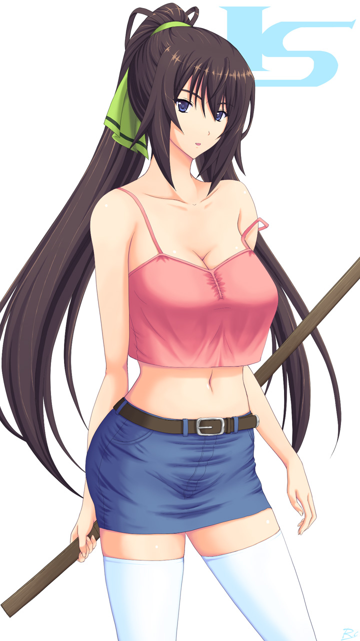 1girl, bare_arms, black_hair, blue_eyes, blue_skirt, breasts, camisole, cleavage