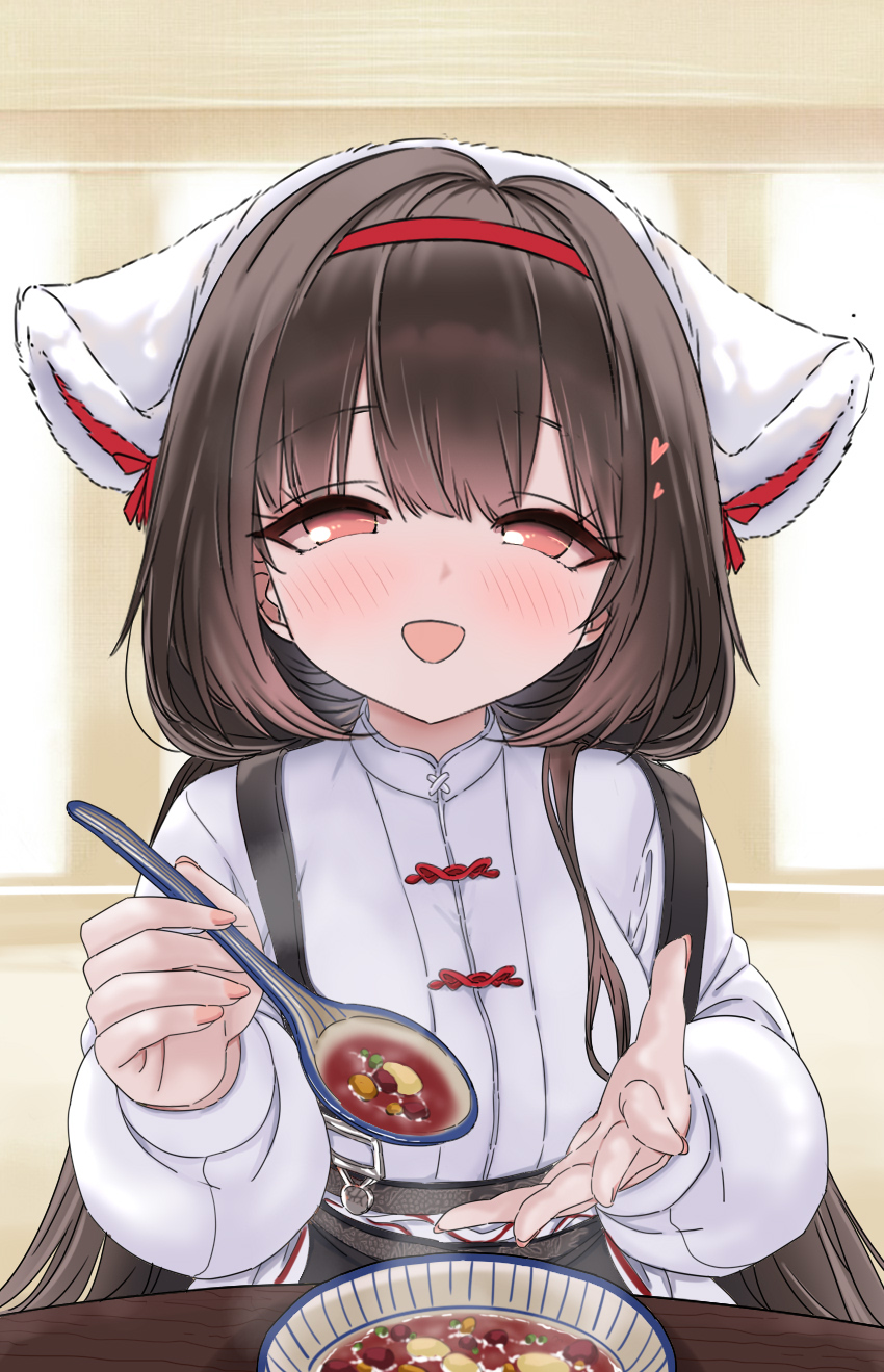 1girl, azur_lane, black_hair, blush, bow, bowl, breasts, chang_feng_(azur_lane)