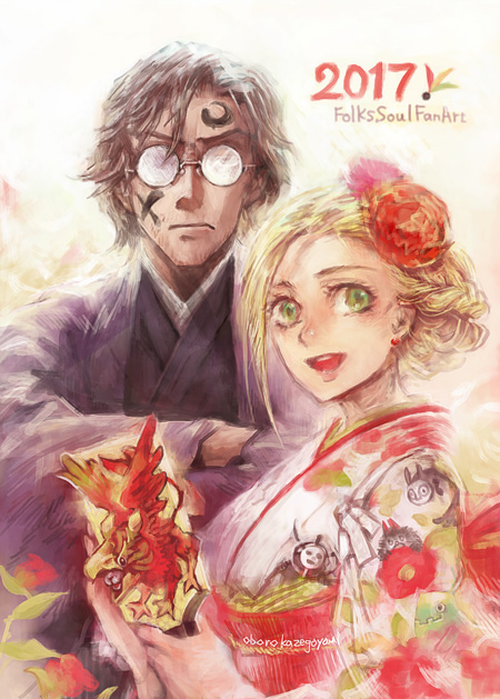 1boy, 1girl, 2017, blonde_hair, braid, brown_hair, crossed_arms, ellen_(folkssoul)