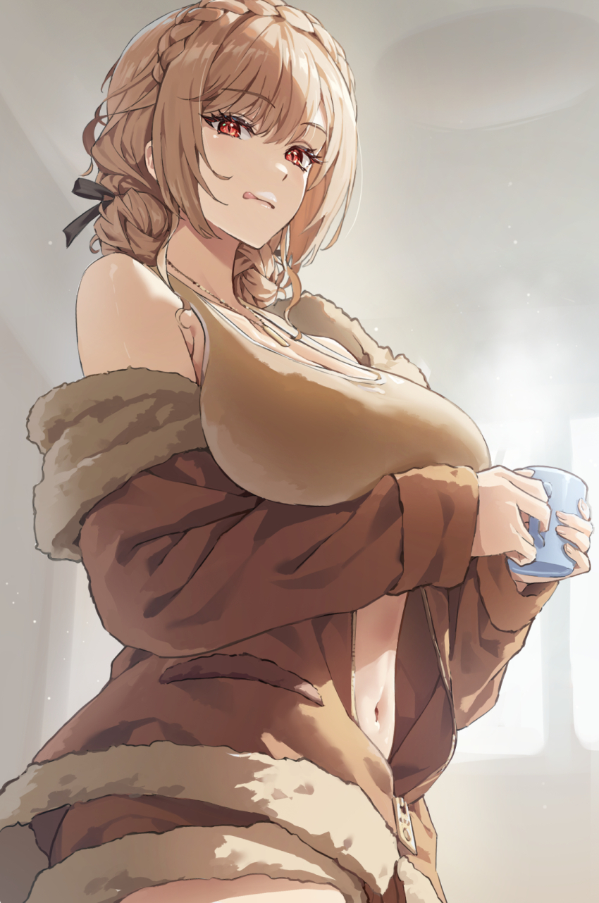 1girl, abe-chan, braid, breasts, brown_coat, brown_hair, brown_sports_bra, cleavage