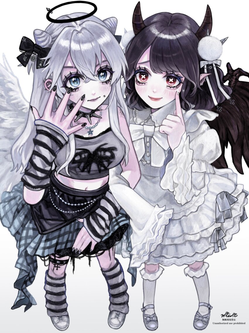 2girls, angel_wings, arm_warmers, bead_necklace, beads, black_eyeshadow, black_hair, black_halo