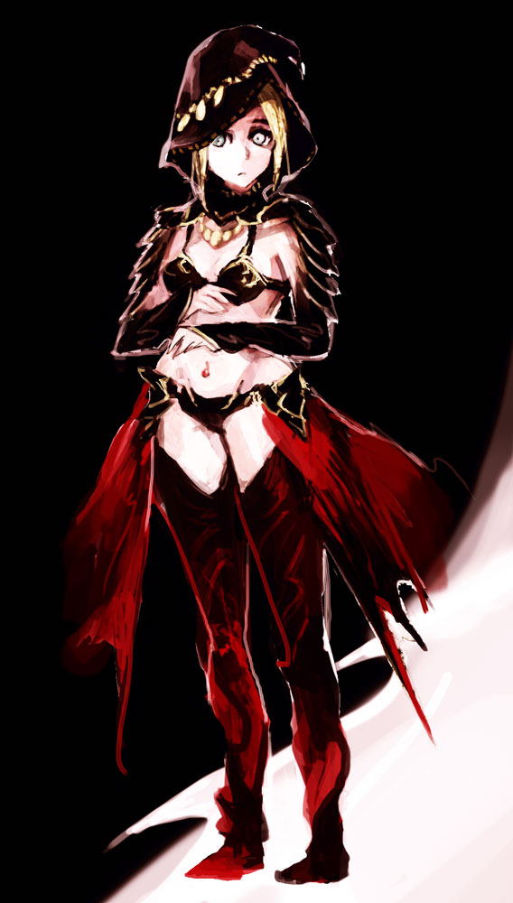 1girl, bikini, black_bikini, blonde_hair, boots, cloak, ellen_(folkssoul), folkssoul, grey_eyes, hood, hooded_cloak, navel, oboro_(kazegoyomi), standing, swimsuit