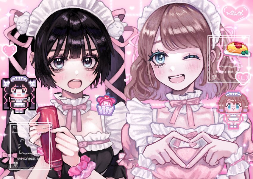 2girls, four-finger_heart_hands, black_eyes, black_hair, blue_eyes, blunt_bangs, blush, brown_hair