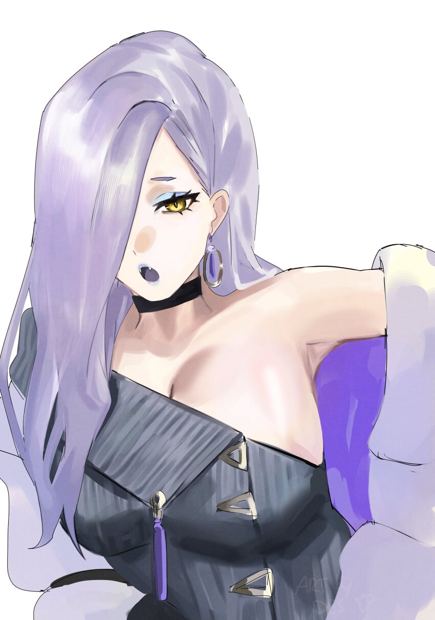 1girl, absurdres, bare_shoulders, blue_lips, breasts, choker, cleavage, collarbone