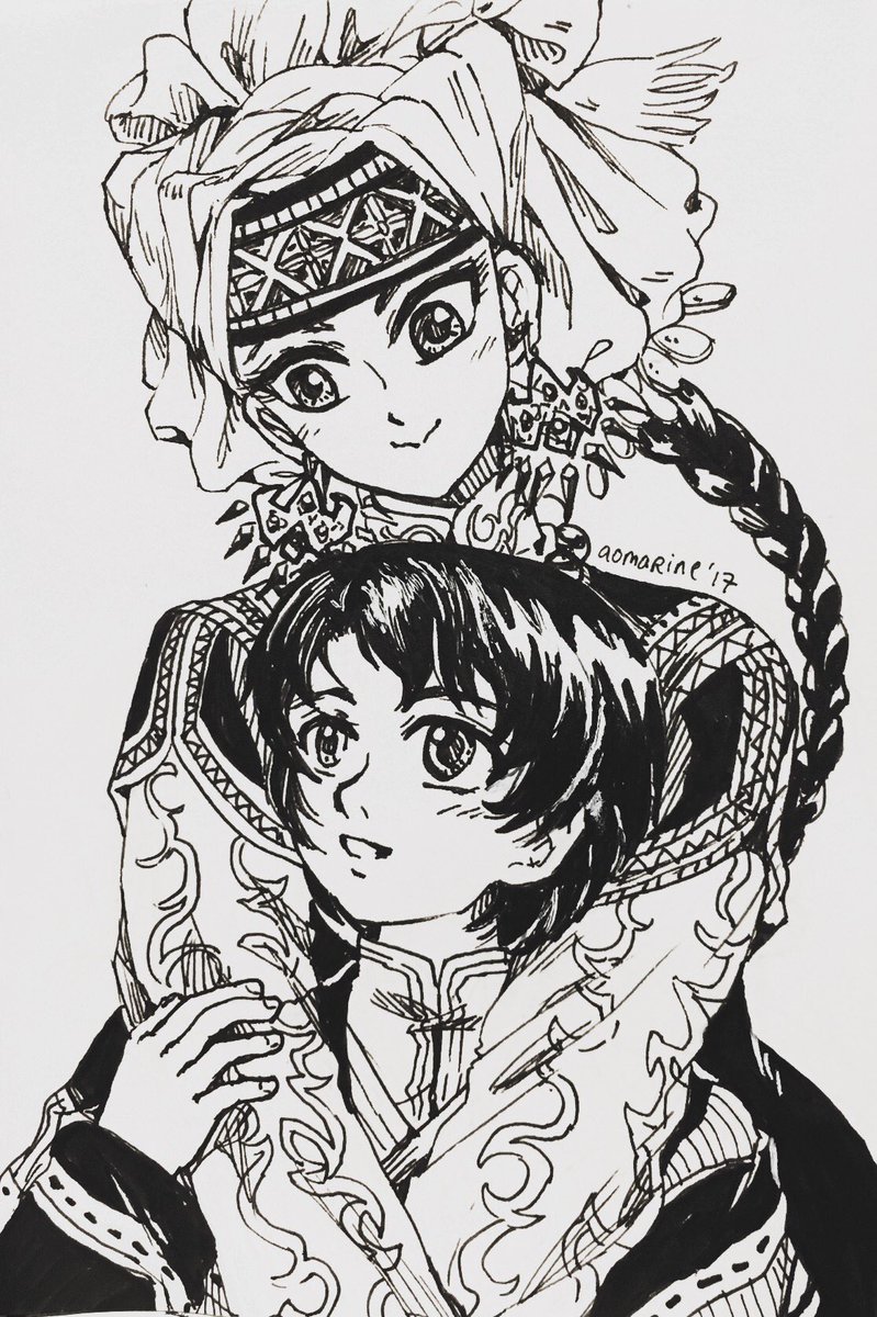 1boy, 1girl, amir_halgal, aomarinesword, artist_name, black_hair, braid, braided_ponytail