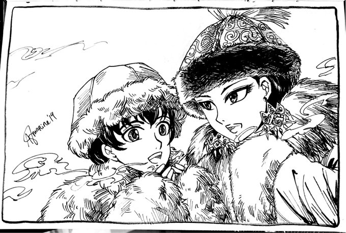 1boy, 1girl, amir_halgal, aomarinesword, artist_name, black_hair, coat, ear_piercing