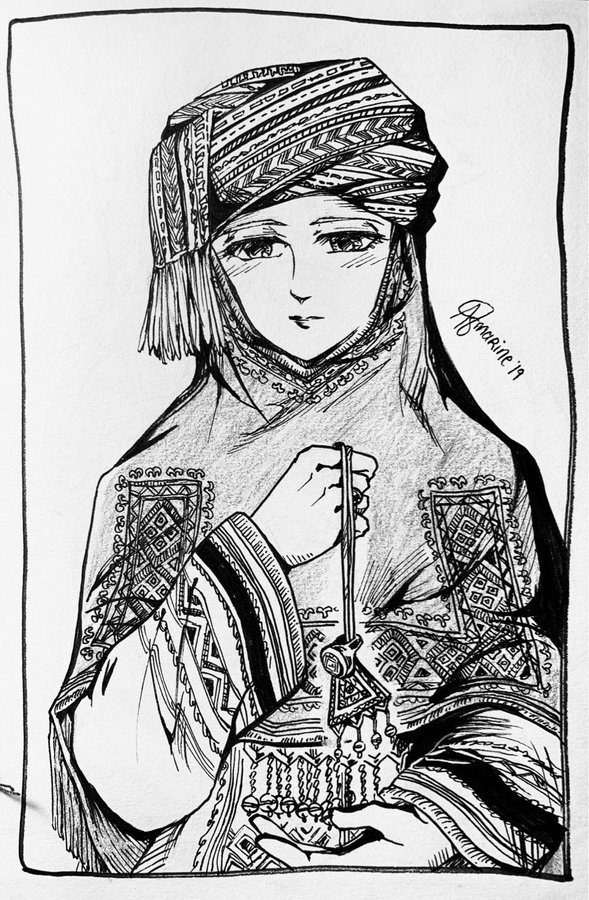 1girl, aomarinesword, artist_name, blush, closed_mouth, greyscale, holding_totem, karakalpak_clothes