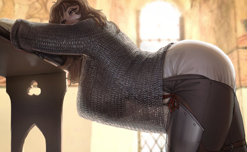 1girl, absurdres, armor, bent_over, bent_over_furniture, blurry, blurry_background, breasts
