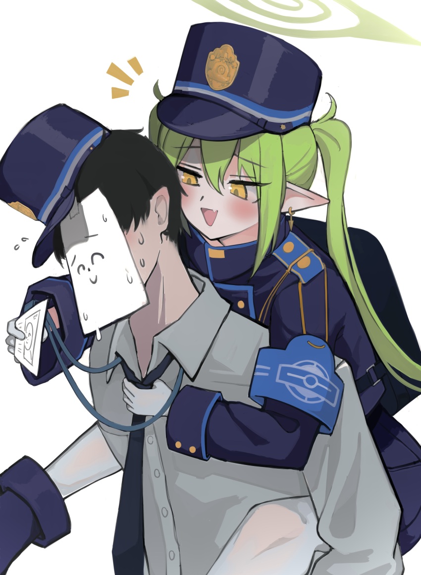 1boy, 1girl, 8rk9, absurdres, armband, black_hair, black_necktie, blue_archive