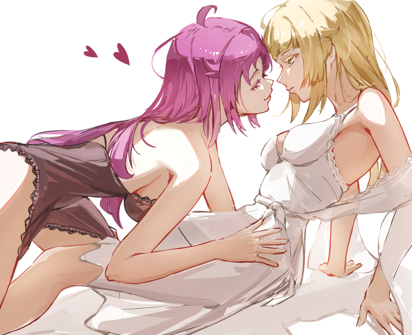 2girls, absurdres, ahoge, aisha_greyrat, armpits, black_camisole, blonde_hair, breasts, camisole, closed_eyes, from_side, hand_on_another's_hip, highres, imminent_kiss, incest, large_breasts, leaning_forward, long_hair, looking_at_another, multiple_girls, mushoku_tensei, norn_greyrat, open_mouth, red_hair, ronuma, siblings, sideboob, simple_background, sisters, white_background, white_camisole, yuri