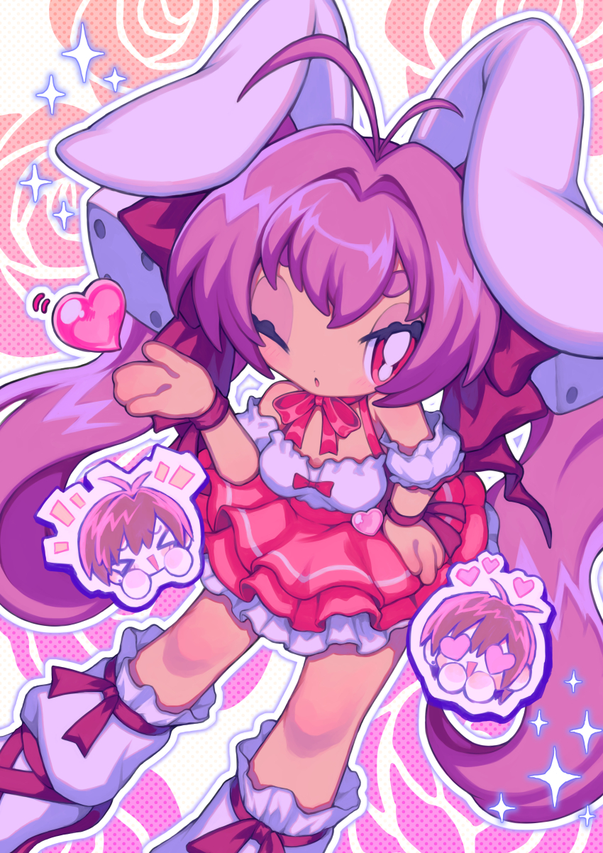 1girl, absurdres, animal_ears, antenna_hair, arm_up, blowing_kiss, bow, chibi