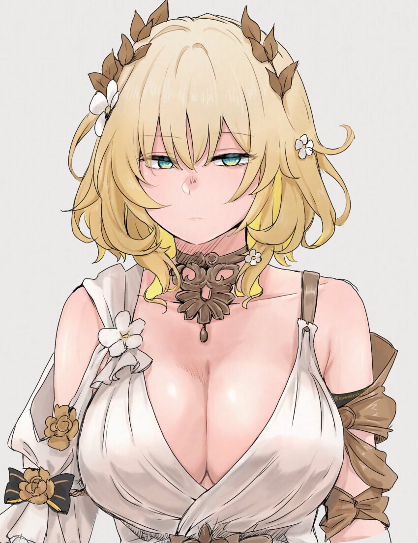 1girl, aglaea_(honkai:_star_rail), bare_shoulders, blonde_hair, breasts, choker, cleavage, collarbone