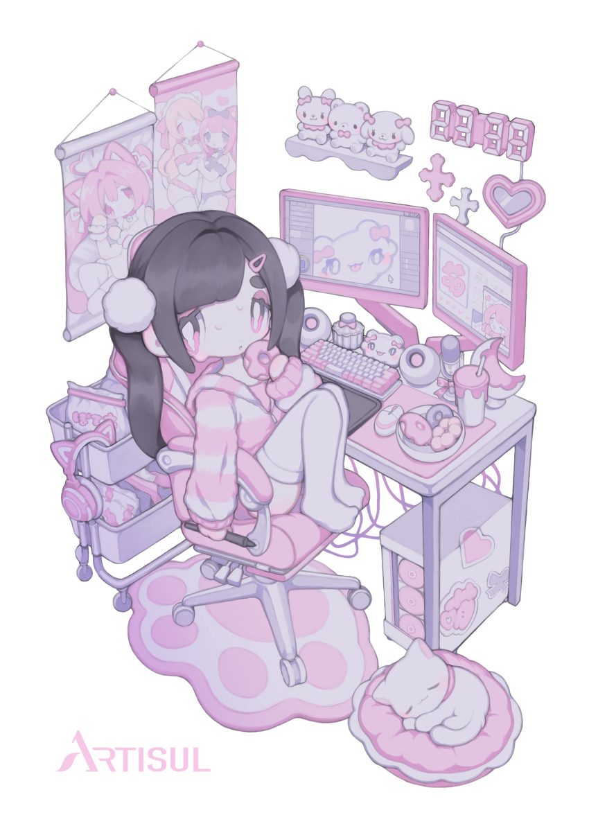 1girl, absurdres, animal_ear_headphones, animal_ears, black_hair, cable, cat, cat_ear_headphones, cat_ears, chair, clock, computer, computer_keyboard, cross, deformed, desk, digital_clock, donut, fake_animal_ears, feet_on_chair, food, gaming_chair, hair_ornament, hairclip, hanging_scroll, headphones, heart-shaped_mirror, highres, holding, holding_food, looking_at_viewer, monitor, naco_artworks, no_shoes, on_chair, open_mouth, original, parted_bangs, paw_print, pink_eyes, pink_sweater, pom_pom_(clothes), pom_pom_hair_ornament, scroll, simple_background, solo, striped_clothes, striped_sweater, stuffed_animal, stuffed_toy, sweatdrop, sweater, swivel_chair, thighhighs, twintails, white_background, white_cat, white_thighhighs