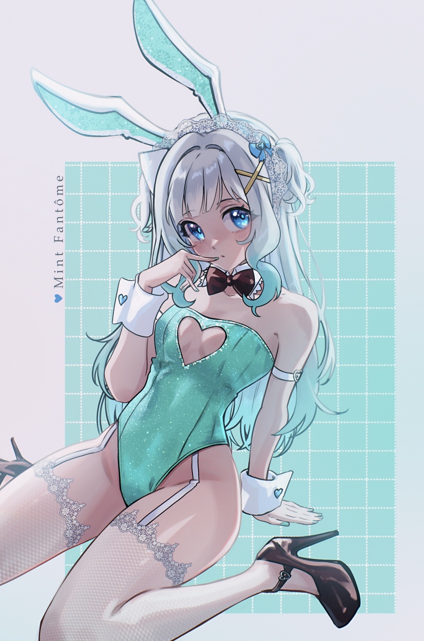 1girl, absurdres, animal_ear_hairband, animal_ears, aqua_hair, aqua_leotard, aqua_nails, arm_strap, arm_support, bare_shoulders, black_footwear, blue_eyes, blunt_bangs, blush, bow, bowtie, breasts, character_name, cleavage_cutout, clothing_cutout, collar, commentary, detached_collar, fake_animal_ears, fine_fabric_emphasis, finger_to_mouth, fishnet_thighhighs, fishnets, frilled_collar, frills, garter_belt, gradient_hair, grey_hair, grid_background, groin, hair_bow, hair_ornament, hairband, headdress, heart_cutout, high_heels, highleg, highleg_leotard, highres, indie_virtual_youtuber, lace, lace-trimmed_headdress, lace-trimmed_thighhighs, lace_trim, leotard, lins_(linszhz), looking_at_viewer, mint_fantome, multicolored_hair, paneled_background, parted_lips, playboy_bunny, rabbit_ear_hairband, rabbit_ears, sitting, small_breasts, solo, strapless, strapless_leotard, strappy_heels, thighhighs, two_side_up, virtual_youtuber, wariza, wing_collar, wrist_cuffs, x_hair_ornament