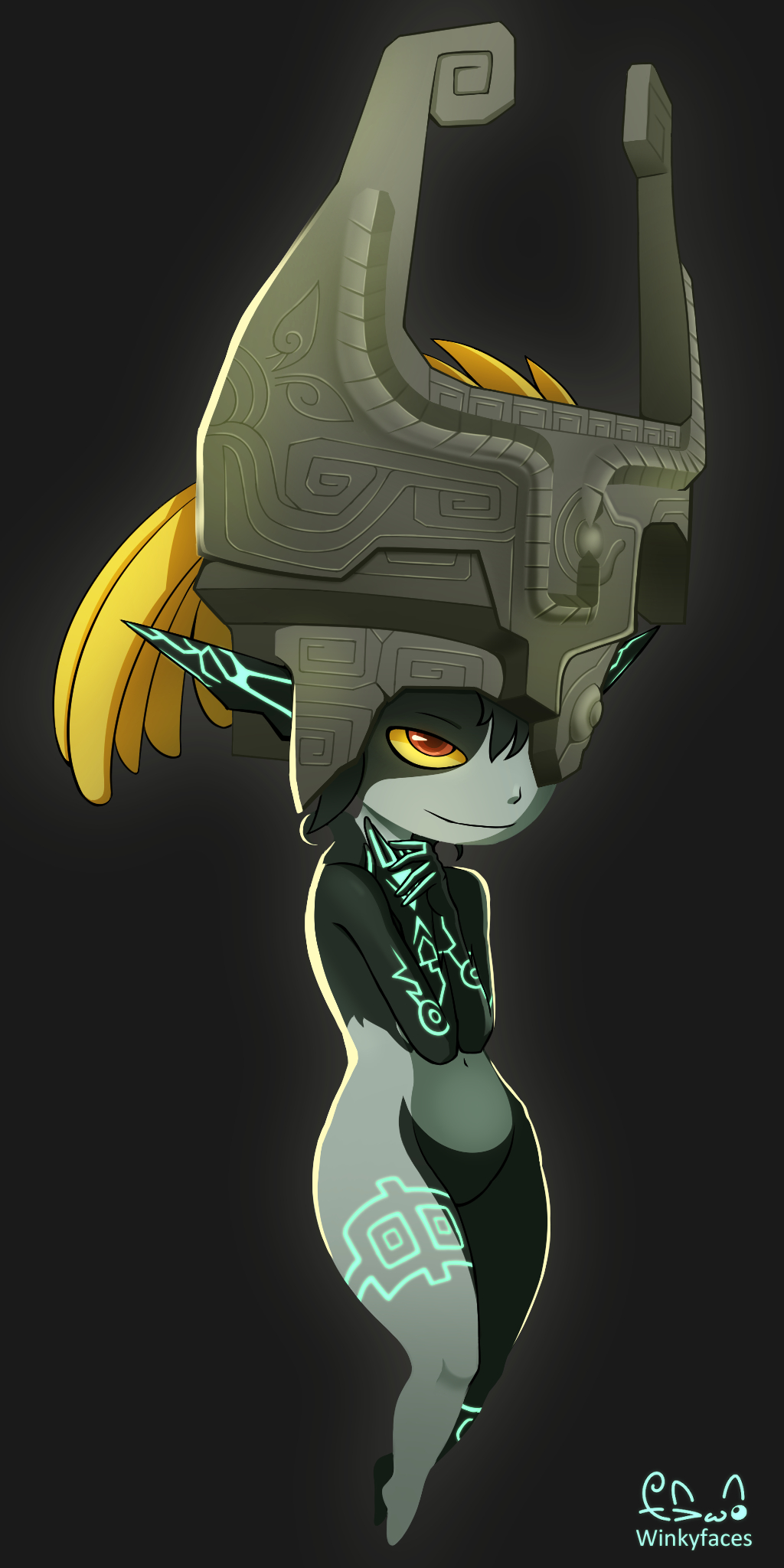 1girl, artist_name, black_background, black_skin, blonde_hair, body_markings, closed_mouth, colored_sclera, colored_skin, female_focus, floating, full_body, grey_helmet, groin, half-closed_eyes, hands_up, happy, helmet, highres, legs, legs_together, looking_afar, midna, multicolored_skin, navel, neon_trim, nintendo, one_eye_covered, own_hands_together, pear-shaped_figure, pointy_ears, ponytail, red_eyes, short_hair, signature, simple_background, smile, solo, stomach, the_legend_of_zelda, the_legend_of_zelda:_twilight_princess, thighs, two-tone_skin, white_skin, winkyfaces, yellow_sclera