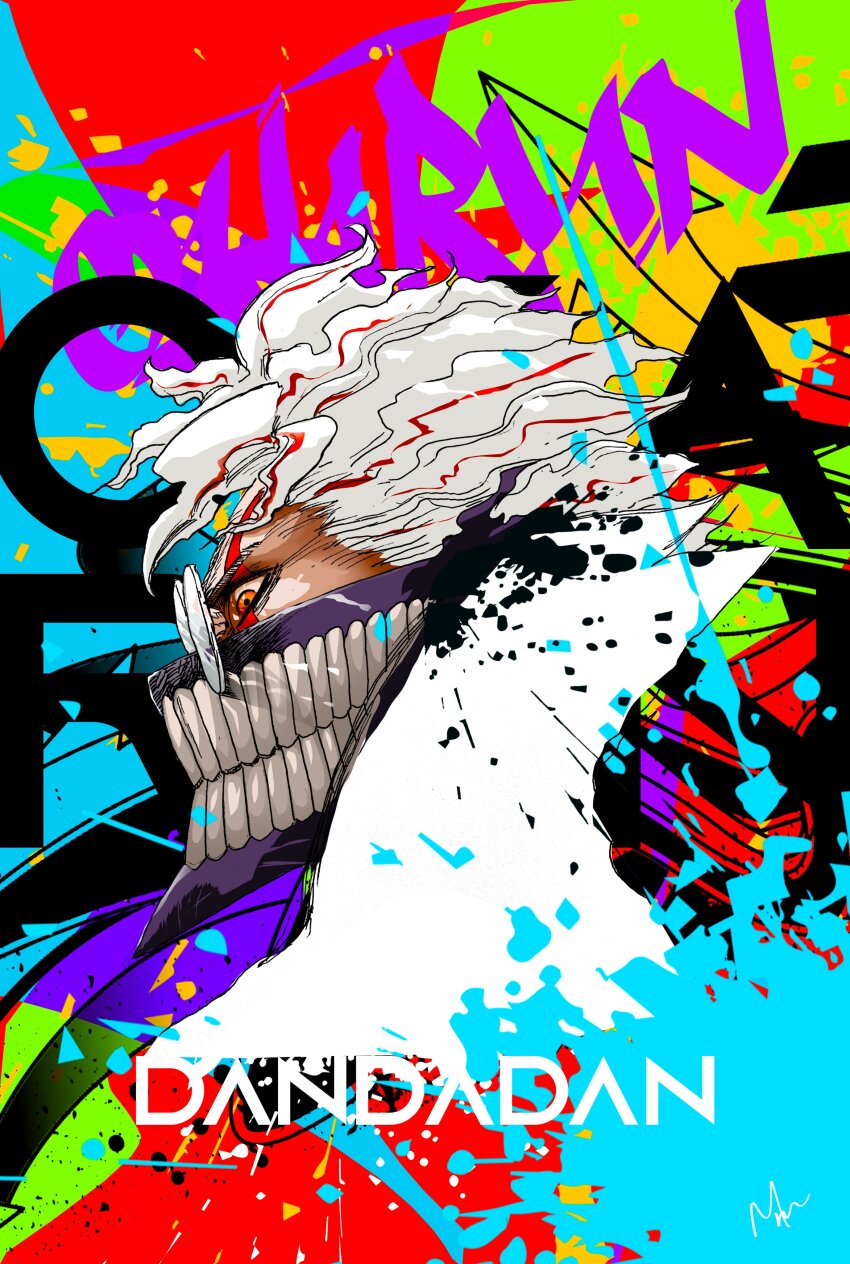 1boy, absurdres, alternate_form, d_design_oku, dandadan, from_side, glasses, graffiti