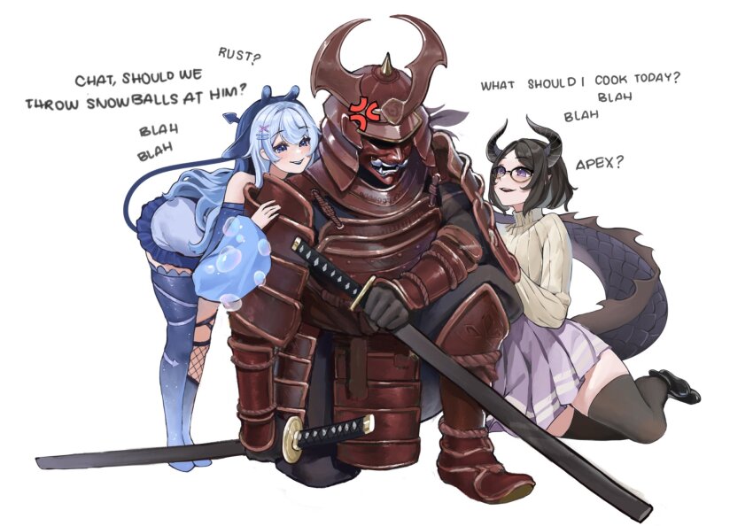 1boy, 2girls, anger_vein, armor, asymmetrical_legwear, black_footwear, black_hair, blue_eyes