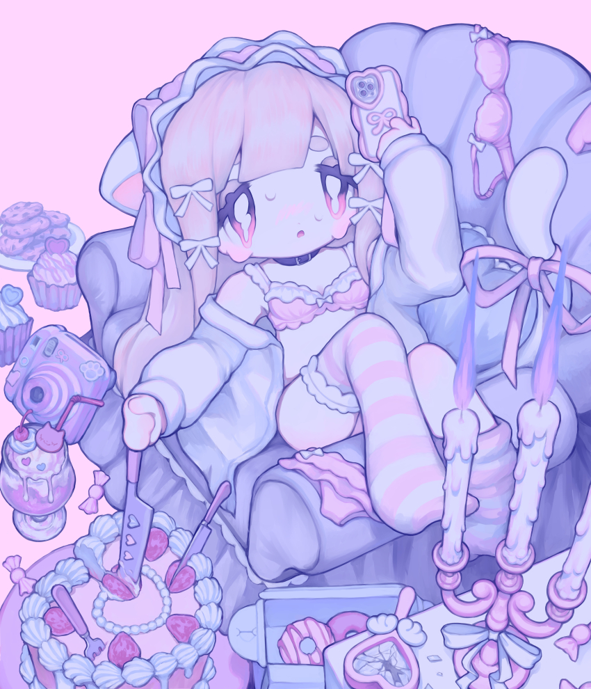 1girl, absurdres, animal_ears, blush, bow, bra, broken_mirror, cake