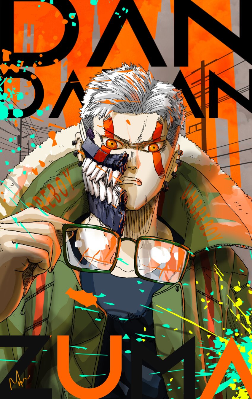 1boy, absurdres, alternate_form, d_design_oku, dandadan, ear_piercing, earrings, glasses