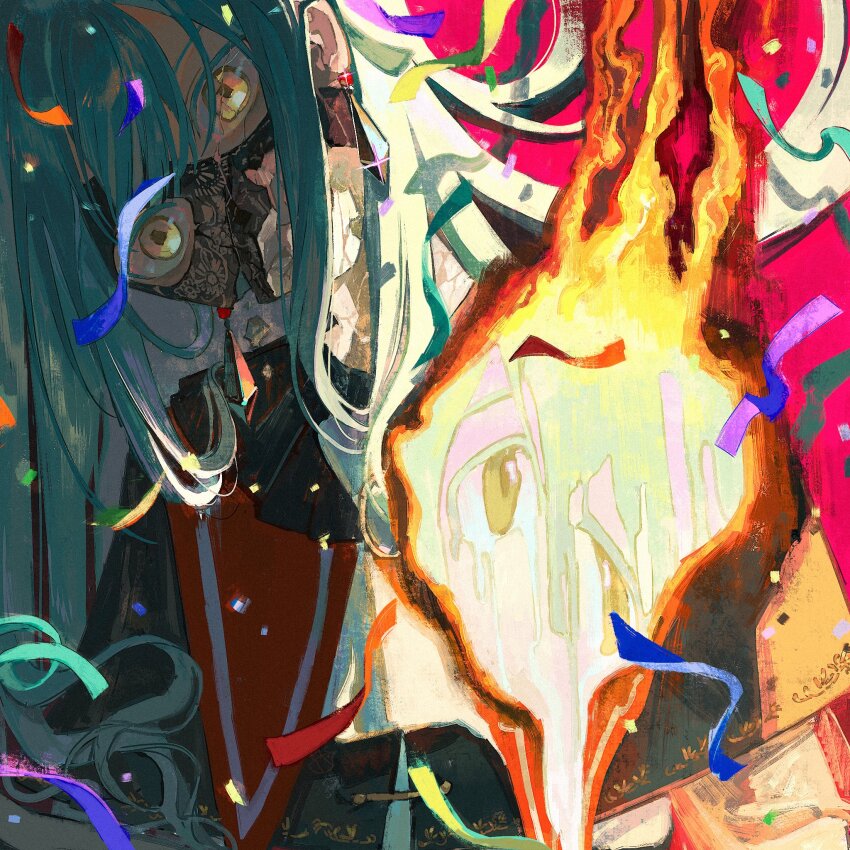 1girl, abstract_background, ascot, bang_dream!, bang_dream!_it's_mygo!!!!!, black_capelet, black_mask, capelet