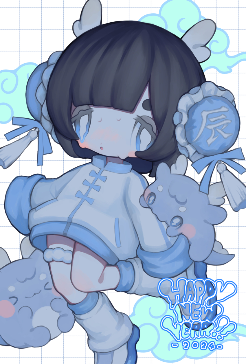1girl, 2024, arms_at_sides, black_hair, blue_eyes, blue_ribbon, blush, commentary, dragon, english_commentary, english_text, hair_between_eyes, hair_ornament, hair_wings, happy_new_year, highres, jacket, leg_warmers, looking_to_the_side, medium_hair, multicolored_footwear, naco_artworks, new_year, open_mouth, original, parted_bangs, ribbon, solo, standing, standing_on_one_leg, sweatdrop, tassel, tenshi_kaiwai, thighhighs, white_jacket, white_leg_warmers, white_thighhighs, wing_hair_ornament, xiangyun