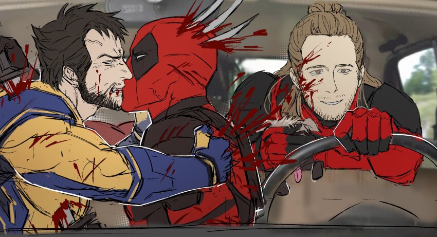 3boys, beard, blood, blood_on_clothes, blood_on_face, blood_on_hands, blood_splatter, bloody_weapon, blue_gloves, bodysuit, brown_eyes, brown_hair, car_interior, claw_(weapon), deadpool, deadpool_&amp;_wolverine, deadpool_(series), dog, dogpool, driving, facial_hair, gloves, gyeleul, hair_bun, highres, hitman's_wife's_bodyguard, holding, holding_weapon, impaled, kiss, long_hair, looking_at_another, male_focus, marvel, mature_male, multicolored_bodysuit, multiple_boys, nicepool, parody, red_bodysuit, red_mask, scene_reference, short_hair, stab, steering_wheel, superhero_costume, third_wheel, two-tone_bodysuit, veins, violence, weapon, wolverine_(x-men), x-men, yaoi, yellow_bodysuit
