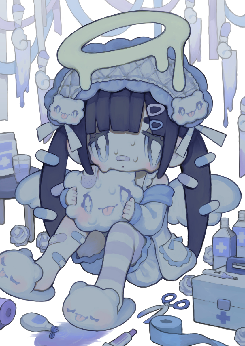 1girl, absurdres, animal_slippers, bandaid, bandaid_on_face, bandaid_on_leg, black_hair, blue_eyes
