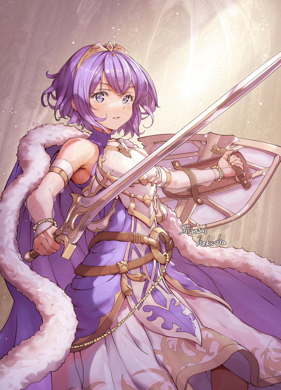 1girl, ahoge, armor, armored_dress, armpits, bare_shoulders, blue_eyes, bracelet