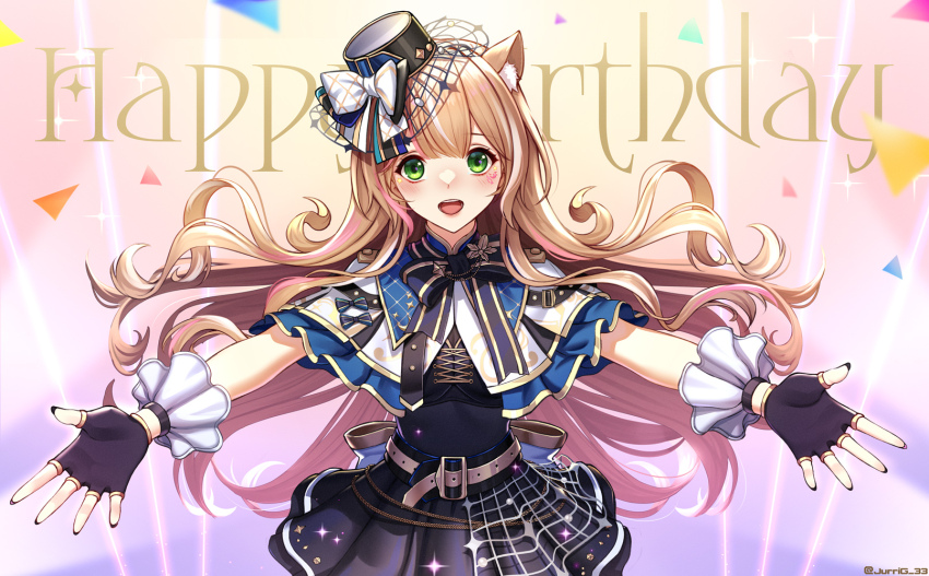 1girl, animal_ear_fluff, animal_ears, ayunda_risu, ayunda_risu_(work), back_bow, black_gloves, black_hat