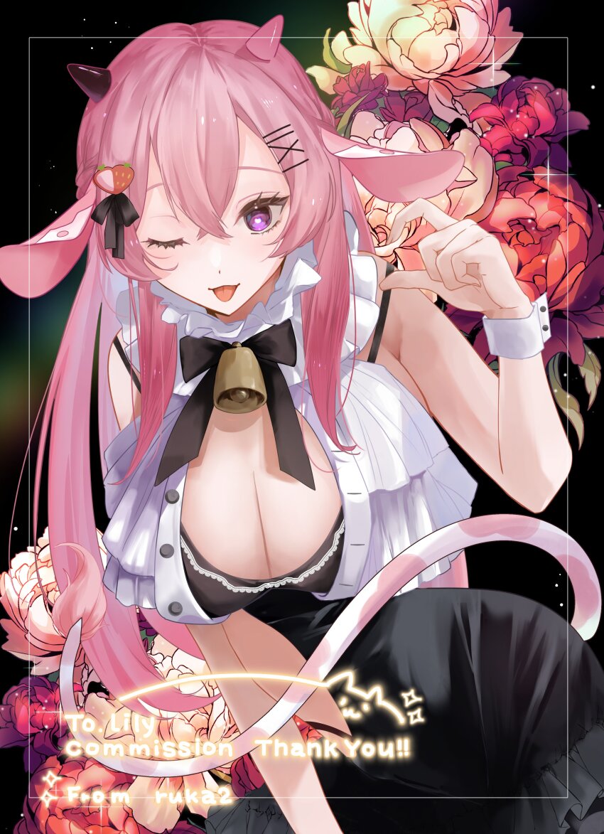 1girl, ;p, absurdres, bell, black_horns, black_nightgown, black_ribbon, breasts, bright_pupils, buttons, cleavage, commission, cow_girl, cow_horns, cow_tail, cowbell, eyelashes, flower, food-themed_hair_ornament, hair_ornament, hair_ribbon, heart, heart-shaped_pupils, highres, horns, indie_virtual_youtuber, large_breasts, lily_herapath, long_hair, multicolored_horns, neck_bell, nightgown, one_eye_closed, pink_hair, pink_horns, purple_eyes, red_flower, ribbon, ruka2, skeb_commission, solo, strawberry_hair_ornament, symbol-shaped_pupils, tail, thank_you, tongue, tongue_out, two-tone_horns, virtual_youtuber, white_flower, white_pupils, white_wrist_cuffs, wrist_cuffs