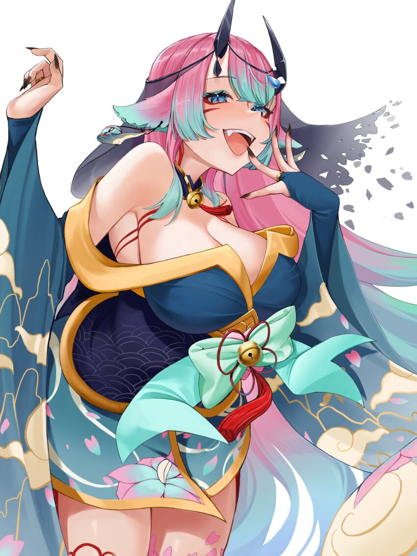 1girl, animal_ears, aqua_hair, bell, black_horns, black_nails, blue_bridal_gauntlets, blue_eyes, blue_kimono, breasts, bridal_gauntlets, cleavage, colored_tips, detached_collar, earrings, facial_mark, floral_print, floral_print_kimono, hair_over_shoulder, highres, horns, indie_virtual_youtuber, japanese_clothes, jewelry, kimono, large_breasts, long_hair, multicolored_hair, neck_bell, neck_tassel, off_shoulder, pink_hair, potari_(vtuber), print_kimono, second-party_source, solo, tassel, teeth, upper_teeth_only, virtual_youtuber, wide_sleeves, yoshiii, yukata