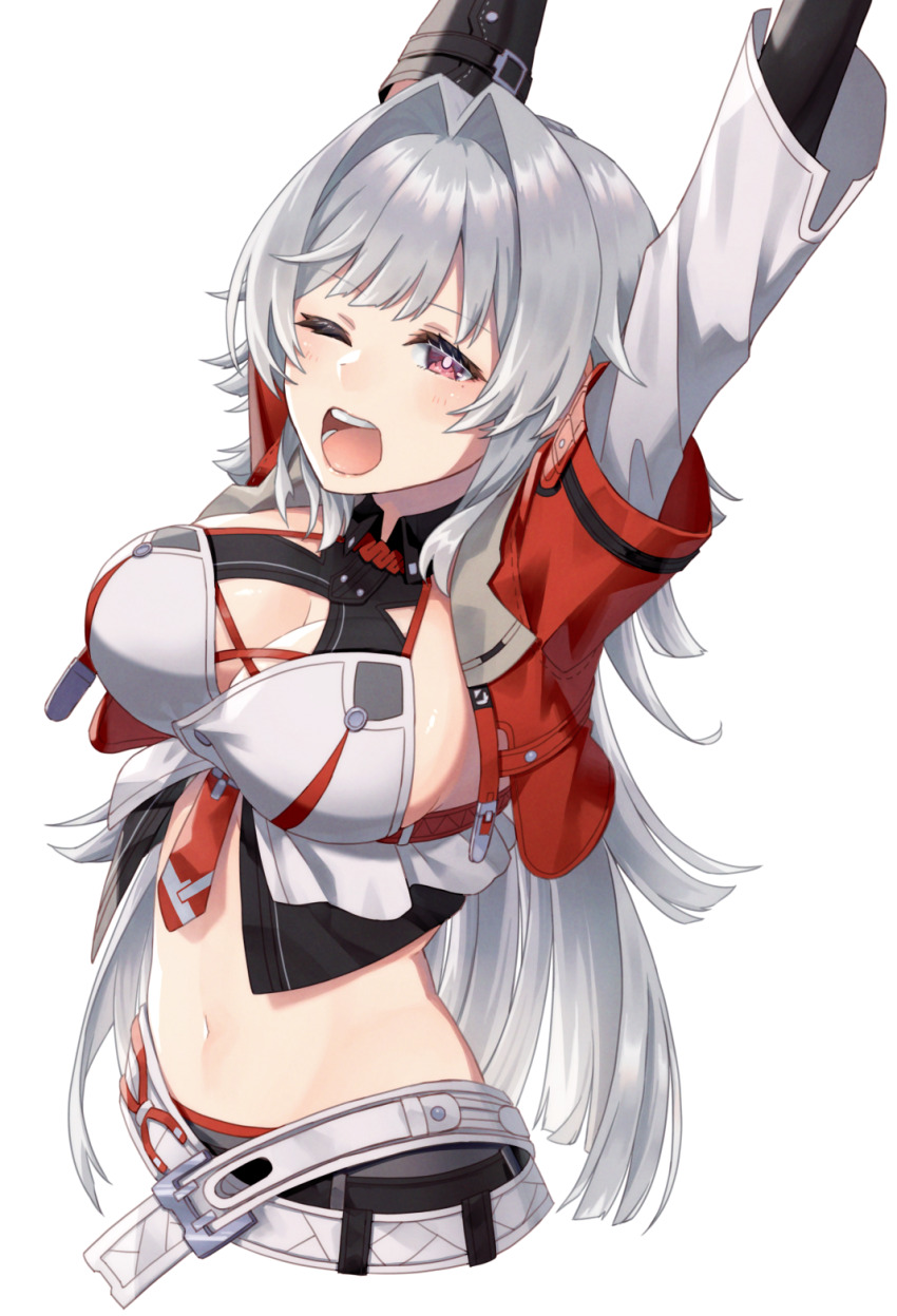 1girl, ;o, arms_up, belt, breasts, cleavage, erdos_helia, erdos_helia_(valkyrie_boltstorm)