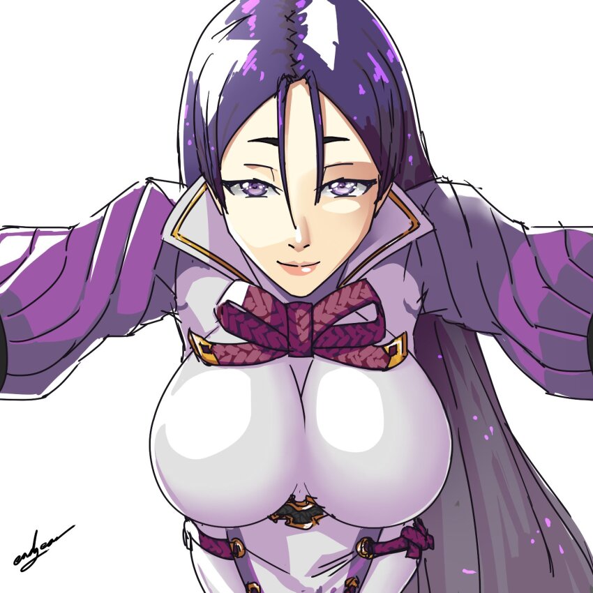 1girl, 2018, arm_guards, armor, artist_name, bodysuit, breasts, closed_mouth, commentary, cosplay, eadgear, english_commentary, fate/grand_order, fate_(series), fingerless_gloves, full_body, gloves, hair_between_eyes, highres, huge_breasts, impossible_bodysuit, impossible_clothes, japanese_clothes, legs, light_smile, long_hair, long_legs, looking_at_viewer, low-tied_long_hair, minamoto_no_raikou_(fate), outstretched_arms, parted_bangs, pelvic_curtain, phone, pink_lips, pov, puffy_sleeves, shiny_clothes, signature, simple_background, skin_tight, solo, spread_arms, straight-on, sword, tabard, tassel, turtleneck, upper_body, very_long_hair, weapon