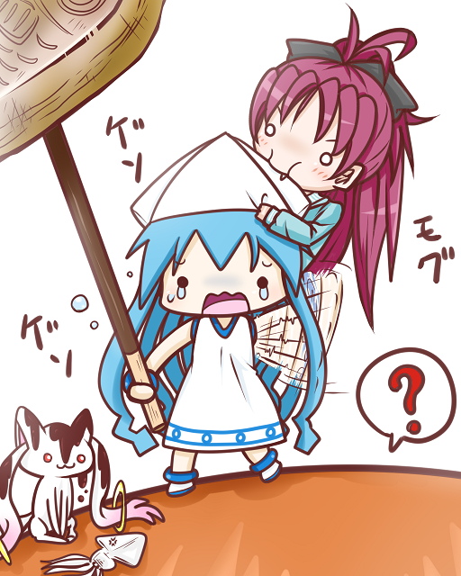 10s, 2girls, 6632k, :3, ?, afterimage, biting, blue_hair, blue_shirt, bow, chibi, crossover, dress, hair_bow, hat, ikamusume, ink, kyubey, mahou_shoujo_madoka_magica, mahou_shoujo_madoka_magica_(anime), multiple_girls, open_mouth, red_hair, sakura_kyoko, shinryaku!_ikamusume, shirt, squid, tears, tentacle_hair, waving, wavy_mouth, white_dress