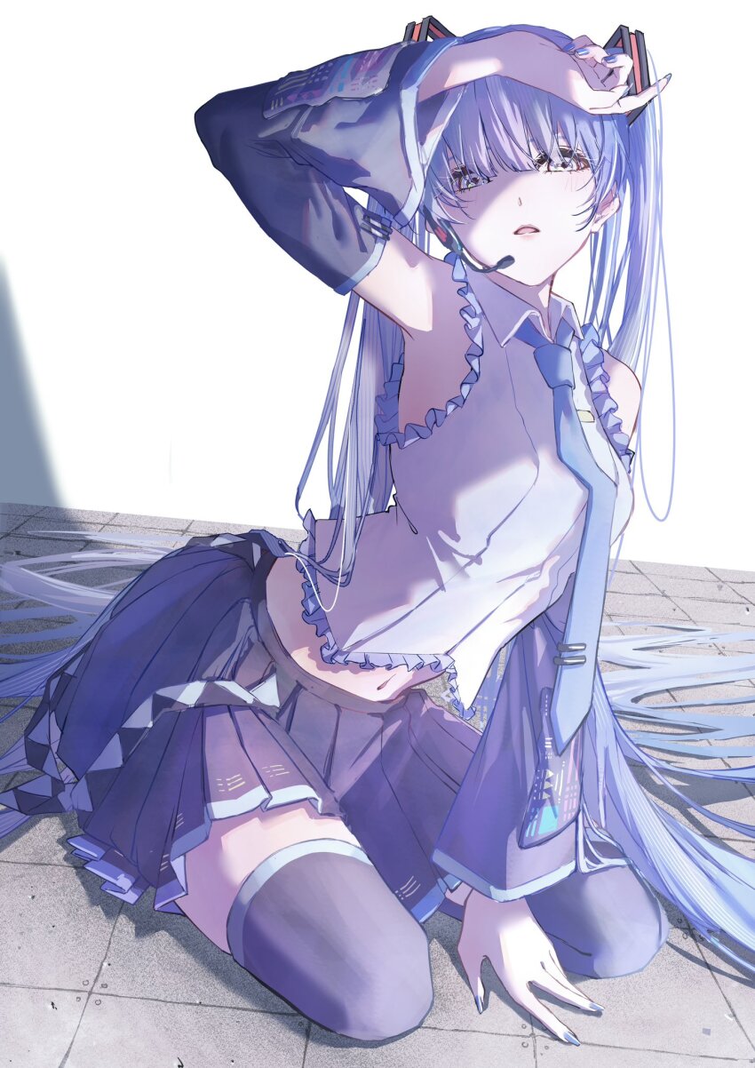 1girl, arm_support, arm_up, belt, bent_over, between_legs, black_boots, black_skirt