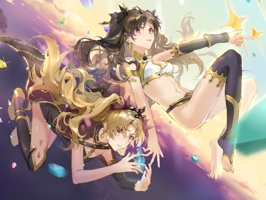 2girls, arm_at_side, armlet, bare_shoulders, barefoot, belt, bikini, black_belt, black_bikini, black_bow, black_dress, black_hair, black_sleeves, black_thighhighs, black_tiara, blonde_hair, blue_fire, bow, cape, cloud, detached_collar, detached_sleeves, dress, earrings, ereshkigal_(fate), fate/grand_order, fate_(series), finger_gun, fire, floating, fur-trimmed_cape, fur_trim, gem, glint, gold_earrings, gold_trim, hair_bow, hand_up, hands_up, highres, hoop_earrings, ishtar_(fate), jewelry, long_hair, looking_at_object, looking_at_viewer, midair, mismatched_bikini, multiple_girls, navel, neck_ring, outstretched_arm, parted_bangs, parted_lips, qingming_tiaohetu, red_bow, red_cape, red_eyes, shoes, short_dress, shoulder_belt, siblings, single_detached_sleeve, single_thighhigh, sisters, skull_ornament, sky, sparkle, swimsuit, thighhighs, tiara, toeless_legwear, toes, two_side_up, white_bikini, yellow_shoes