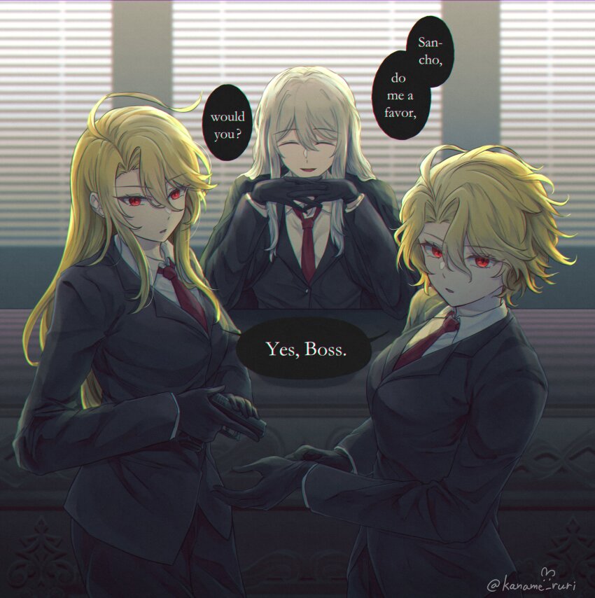 1boy, 2girls, absurdres, black_coat, black_gloves, black_suit, blonde_hair, business_suit, clone, closed_eyes, coat, collared_shirt, commentary, don_quixote_(project_moon), english_commentary, english_text, formal_clothes, gloves, gun, handgun, highres, holding, holding_gun, holding_weapon, indoors, jacket, kaname_ruri, la_manchaland's_don_quixote_(project_moon), limbus_company, long_hair, long_sleeves, looking_at_viewer, multiple_girls, necktie, open_mouth, own_hands_together, pants, parted_bangs, pistol, project_moon, red_eyes, red_necktie, sancho_(project_moon), shirt, short_hair, sidelocks, smile, speech_bubble, spoilers, suit, suit_jacket, trigger_discipline, weapon, white_hair, white_shirt