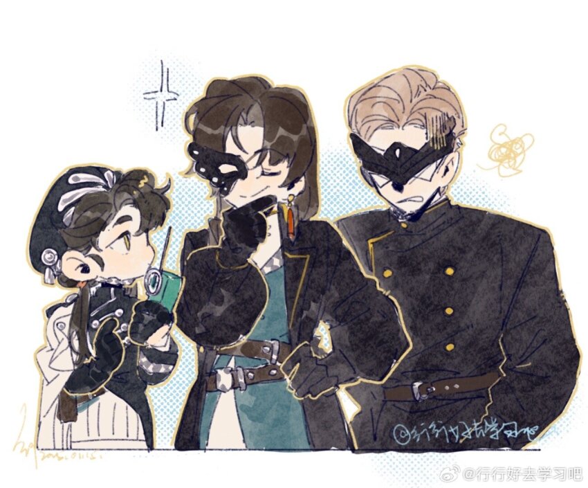 1boy, 2girls, a_xing, artist_name, belt, beret, black_dress, black_gloves