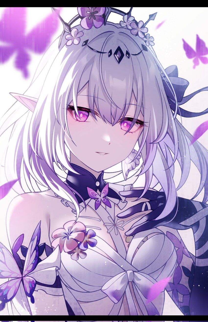 1girl, bare_shoulders, breasts, bug, butterfly, castorice_(honkai:_star_rail), commentary_request, corrupted_twitter_file