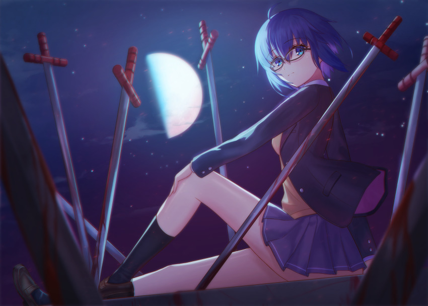 1girl, ahoge, black-framed_eyewear, black_jacket, black_keys_(type-moon), black_socks, blood, bloody_weapon